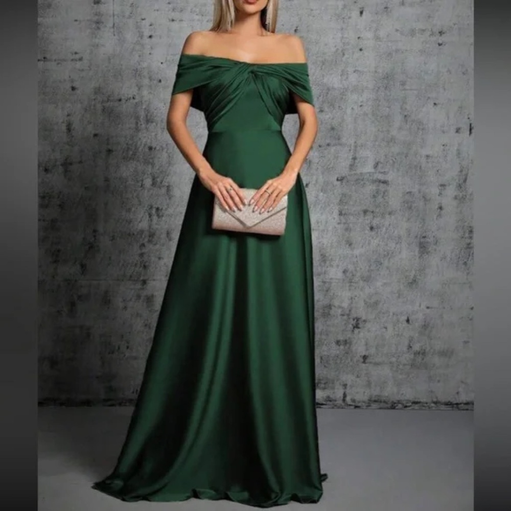 Luxe Satin Off Shoulder Evening Prom Party Formal Wedding Dress - Picture 9 of 16